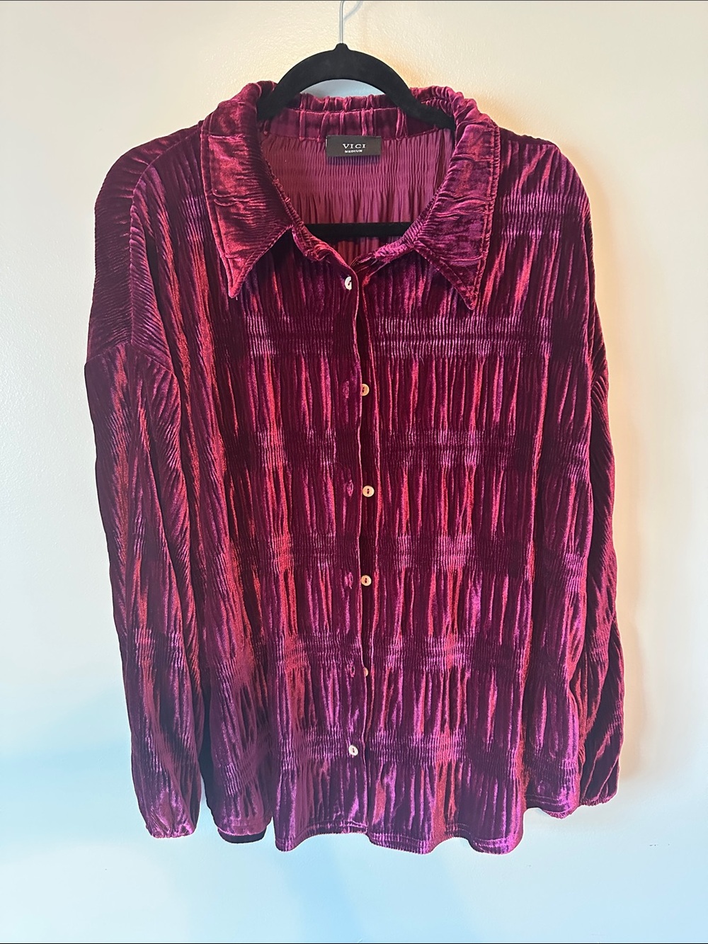 Vici Crushed Velvet Button-Down Shirt - Wine
